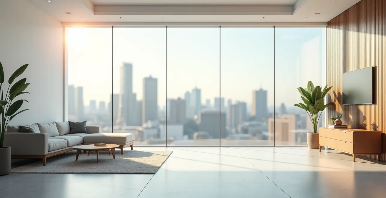 Vue architecturale minimaliste d'un bureau moderne avec horizon urbain et espace négatif dominant