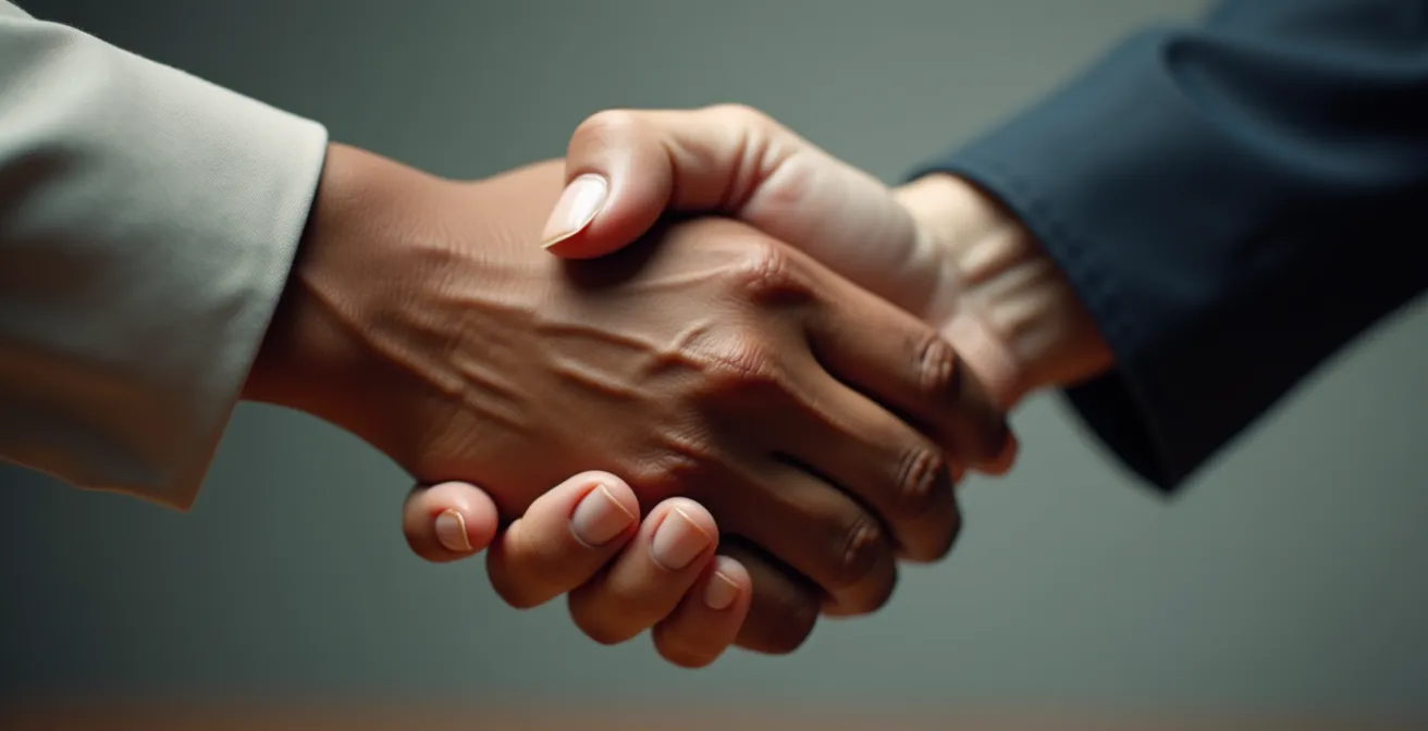 Gros plan détaillé de deux mains professionnelles se serrant dans une poignée de main en environnement de bureau