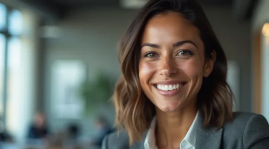 Professionnel en environnement de bureau affichant un sourire confiant et engageant