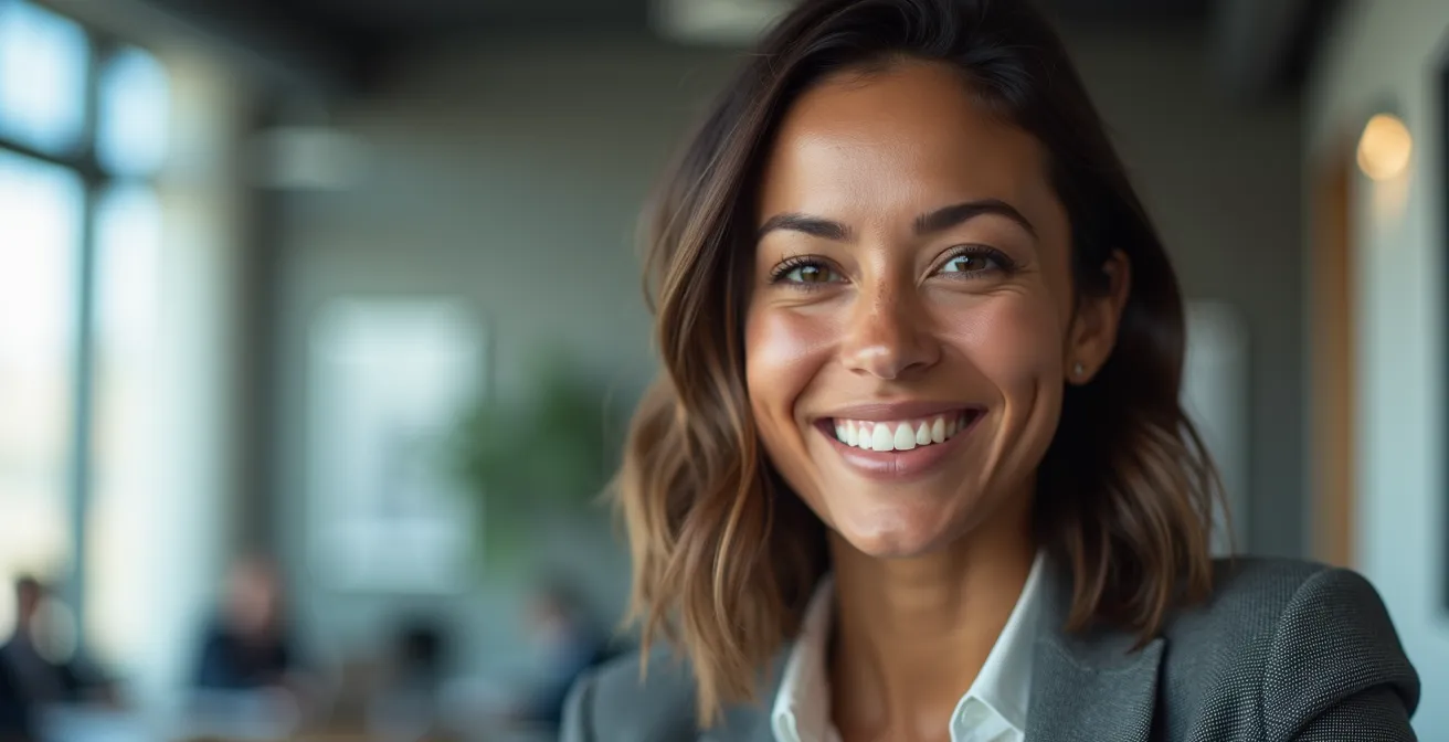 Professionnel en environnement de bureau affichant un sourire confiant et engageant